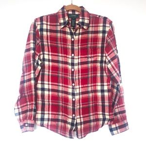 Vintage LAUREN Ralph Lauren Red Plaid 100% Linen Button Down
